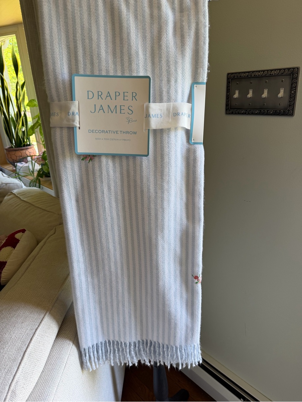 Draper James Pale Blue & White Striped Throw with Fringe